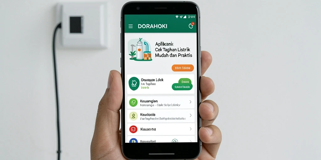 Antarmuka utama aplikasi DORAHOKI untuk cek tagihan listrik.