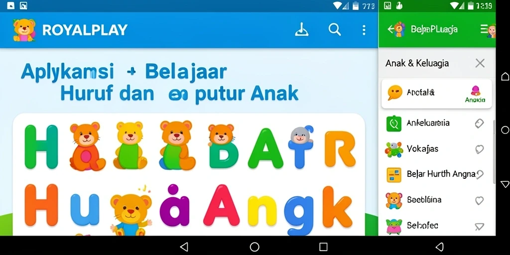 Tampilan antarmuka interaktif <strong>ROYALPLAY</strong> dengan elemen belajar huruf dan angka.